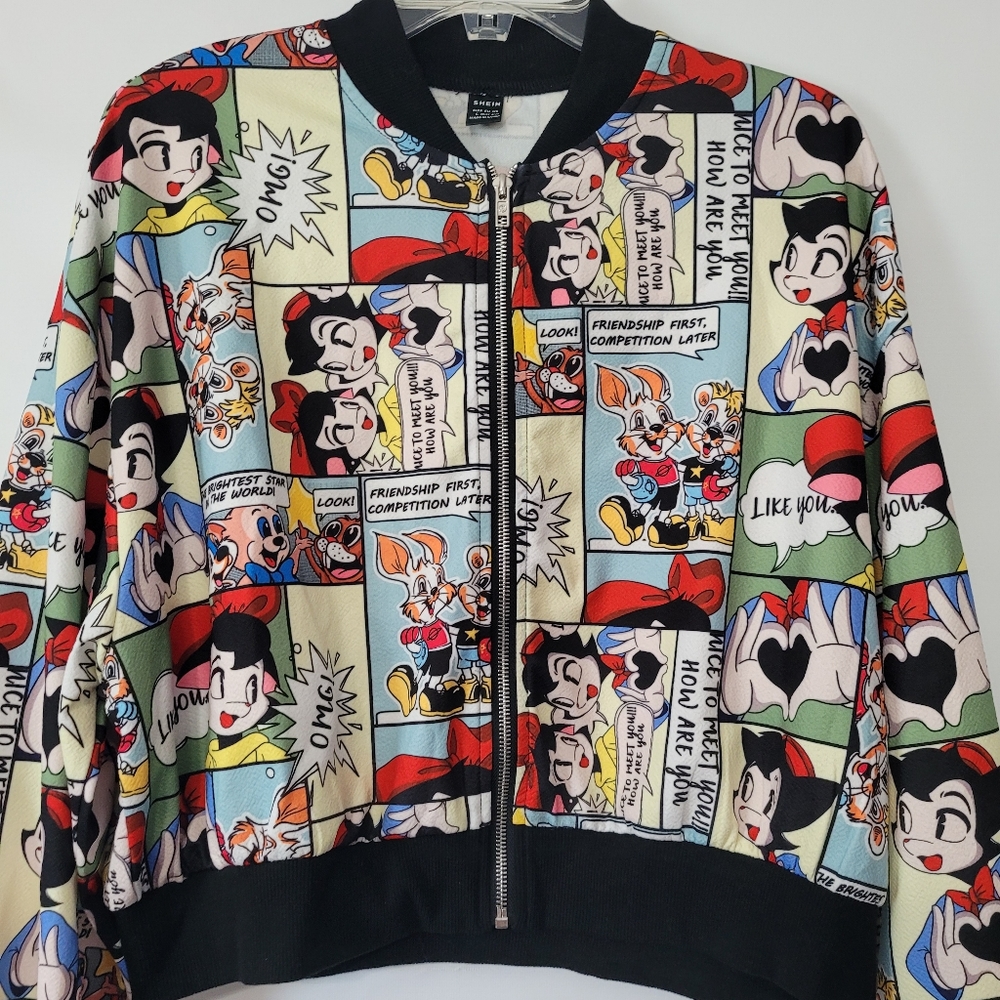 Pop Art Print Shein Comic Book Style Full Zip Bombe Jacket Lds Sz Large
